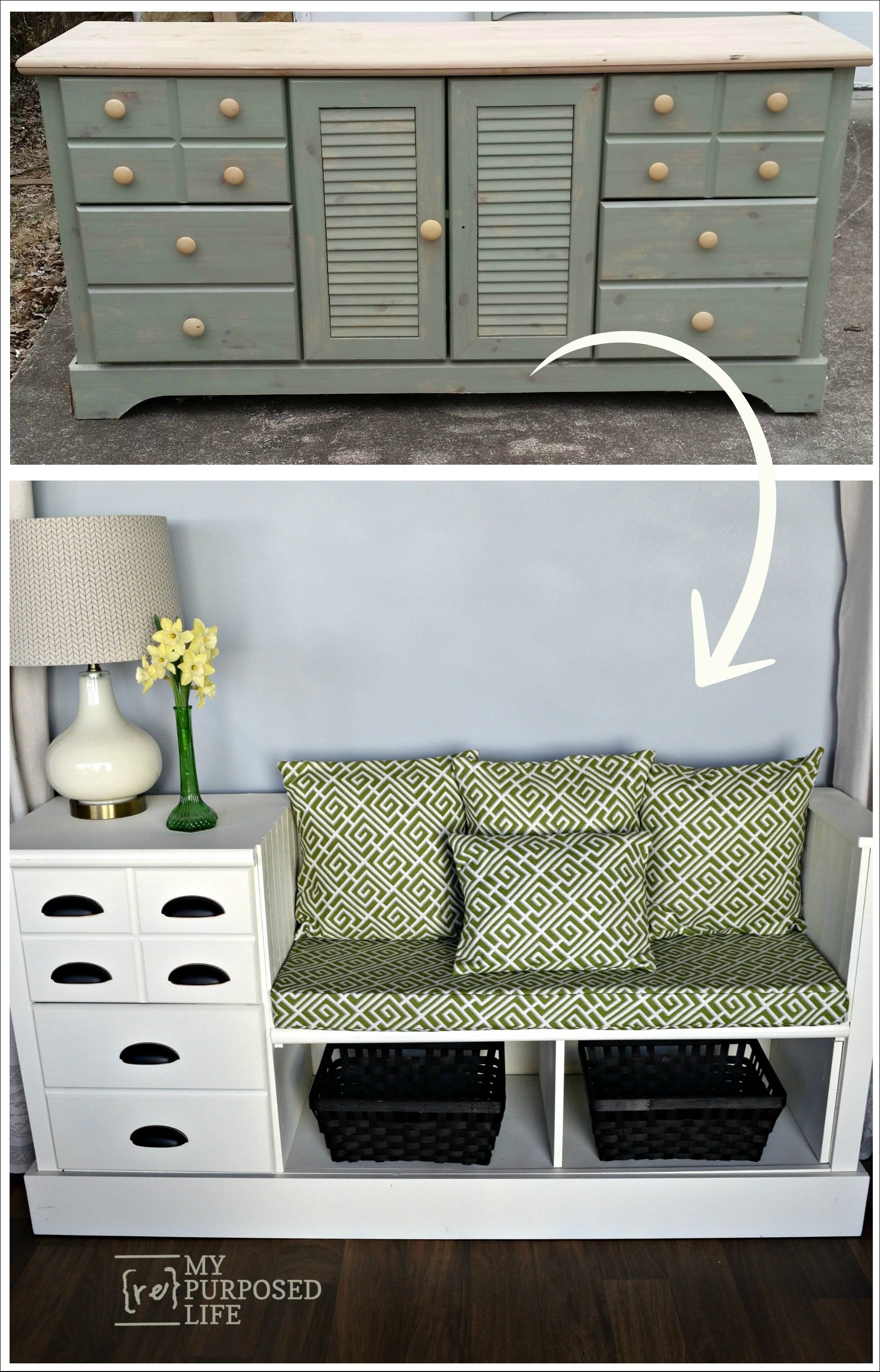 Old Dresser Upcycled Fresh New White Storage Bench For Kitchen Mudroom And More MyRepurposedLife 