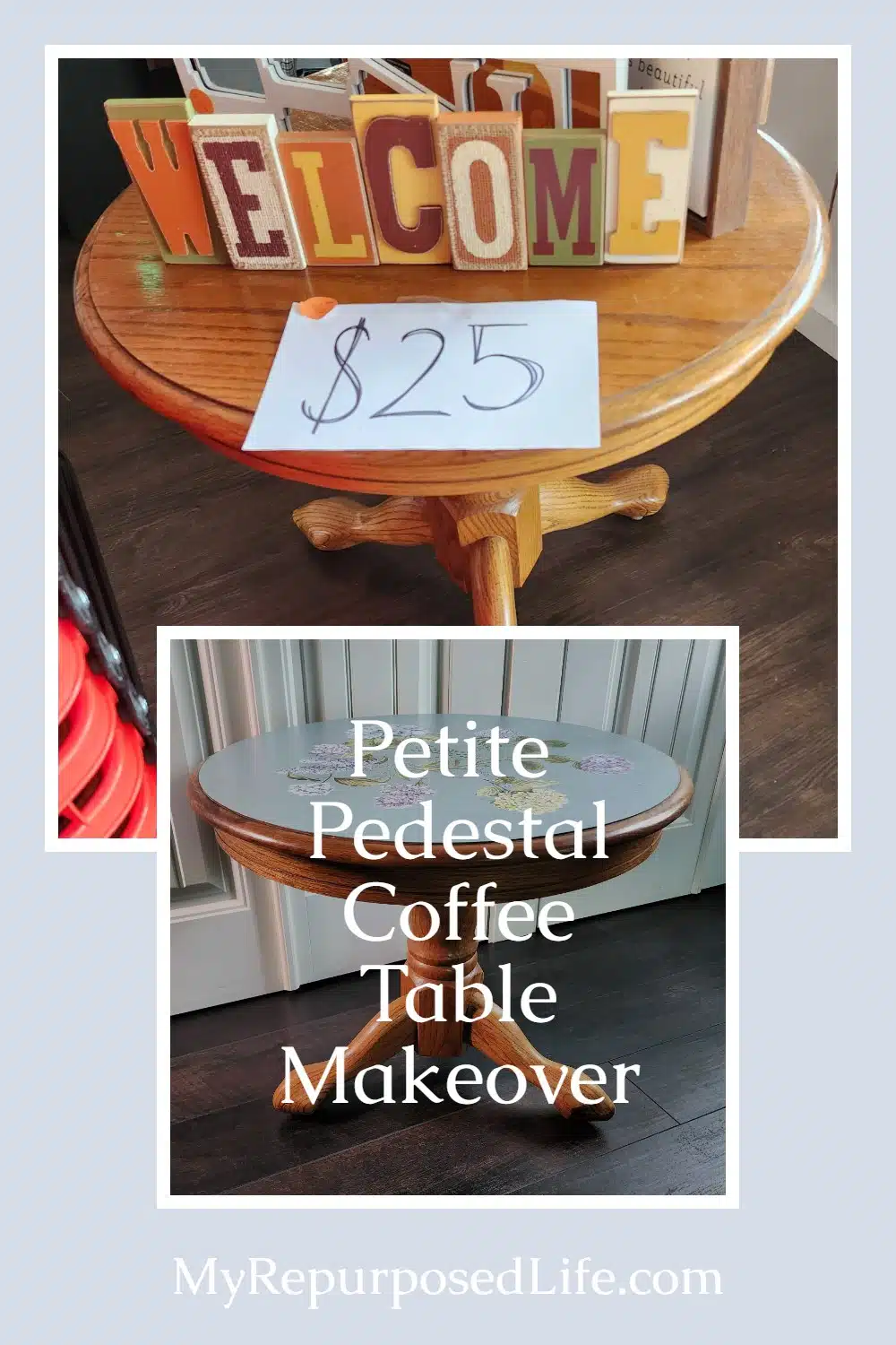 A bargain pedestal coffee table gets a new look with an easy makeover and rub-on-furniture transfers. More Furniture Fixer Upper projects included in this article. via @repurposedlife