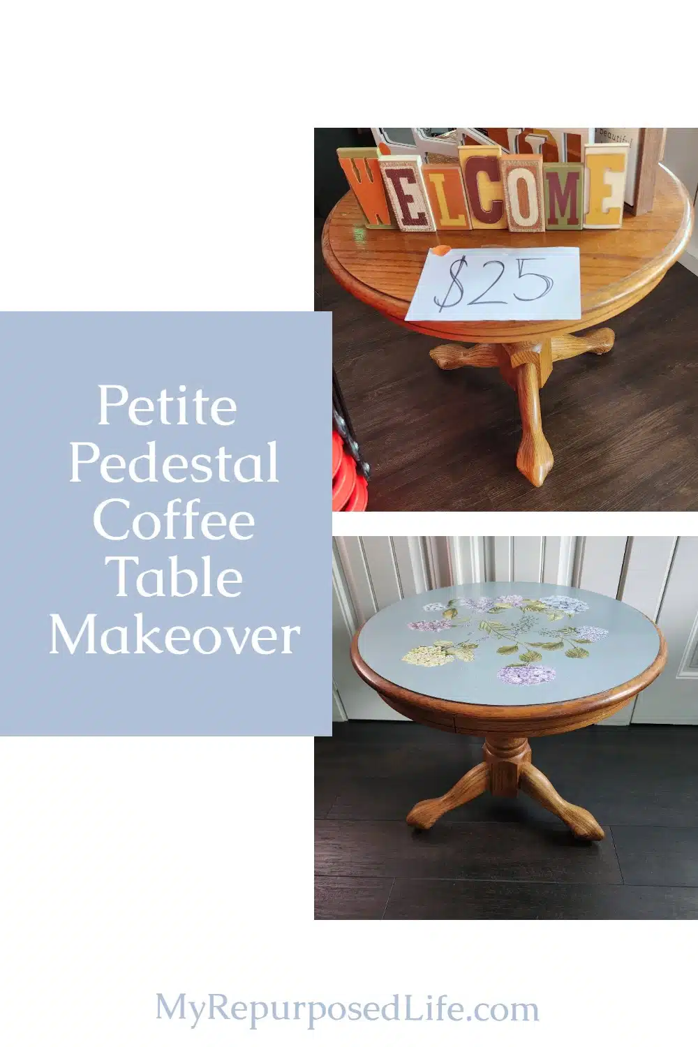 A bargain pedestal coffee table gets a new look with an easy makeover and rub-on-furniture transfers. More Furniture Fixer Upper projects included in this article. via @repurposedlife